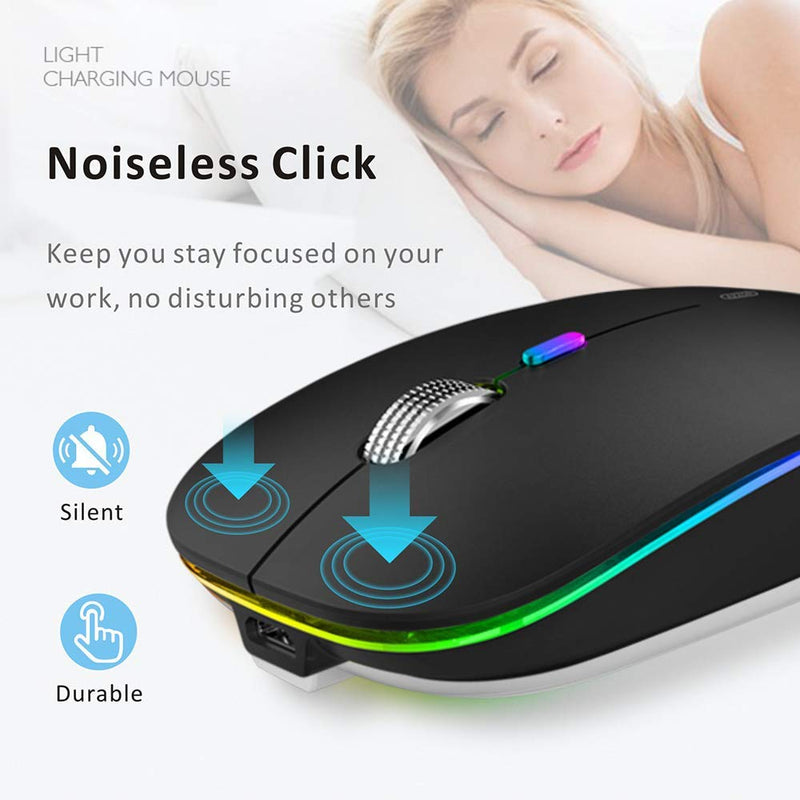[Australia - AusPower] - LED Wireless Mouse, Uiosmuph G12 Slim Rechargeable Wireless Silent Mouse, 2.4G Portable USB Optical Wireless Computer Mice with USB Receiver and Type C Adapter (Matte Black) Matte Black 