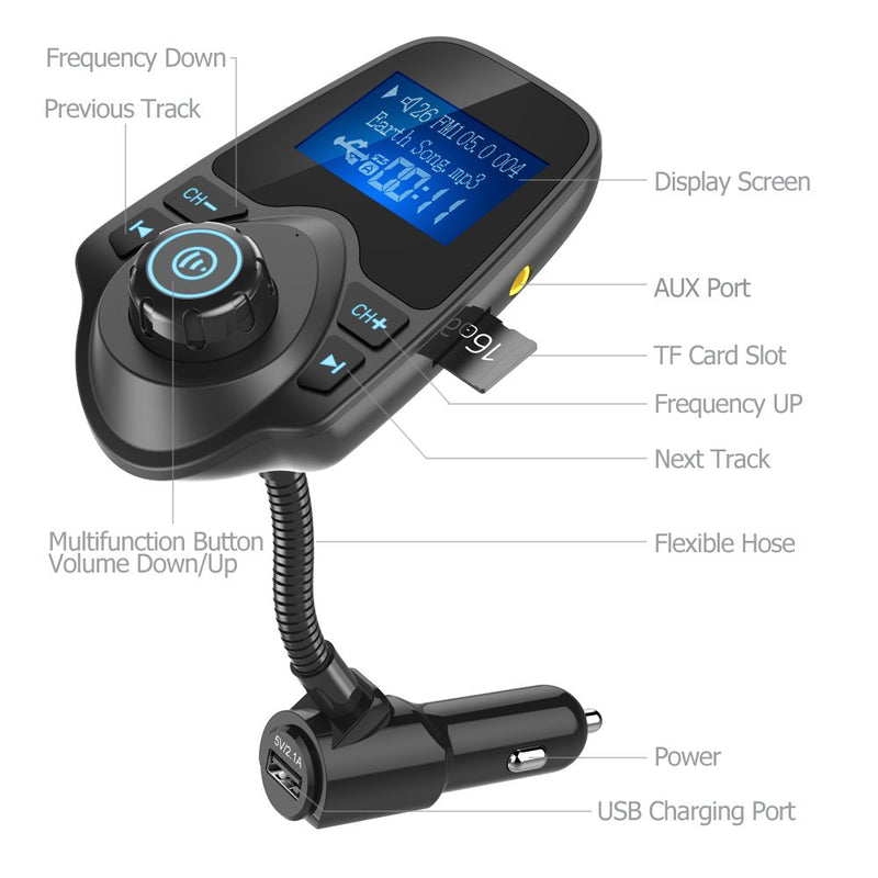 [Australia - AusPower] - Nulaxy Bluetooth Car FM Transmitter Audio Adapter Receiver Wireless Handsfree Voltmeter Car Kit TF Card AUX 1.44 Display - KM18 Black Matte 
