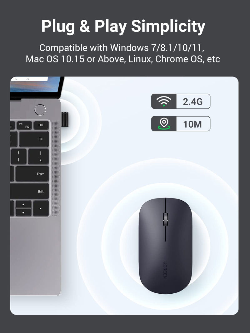 [Australia - AusPower] - UGREEN Wireless Mouse, 2.4G Slim Silent Computer Mouse with 4000 DPI, USB Cordless Mouse with 18-Month Battery Life, Small Flat Portable Optical Mice for Laptop, Computer, Chromebook, MacBook - Black 