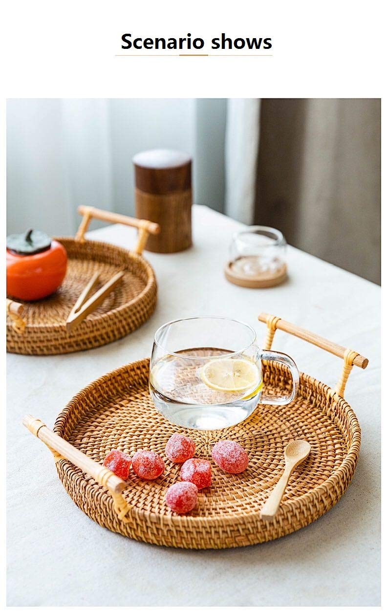 [Australia - AusPower] - Hand-Made Round Rattan Tray with Handle, Food Basket, Basket, Perfect for displaying Bread, Coffee Breakfast or Fruit (9.4x1.4in) 28cm-teays 