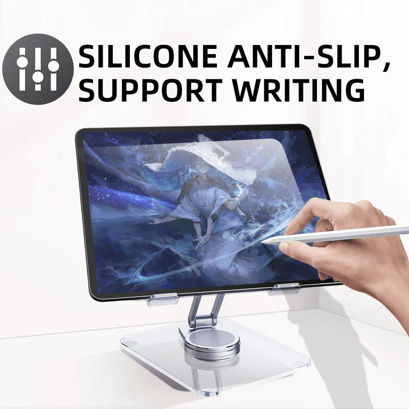 [Australia - AusPower] - DOLOVIN 360° Rotating Acrylic Tablet Stand, Adjustable Desk Stand Foldable Clear Holder Stands Compatible for iPad Pro, Air, Mini, Kindle, Surface Pro, Galaxy Tab, Phone, 4-13",Clear Acrylic Stand for Pad 