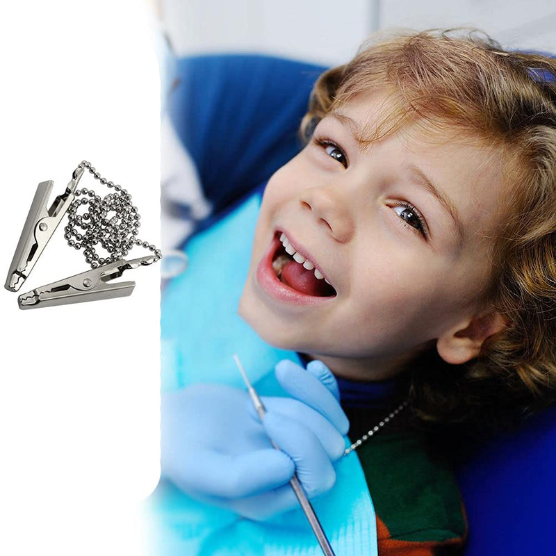 [Australia - AusPower] - ZYAMY 2pcs Dental Bib Clips Metal Napkin Clip Chain Keep Your Napkin Securely Placed While Dining, Silver 