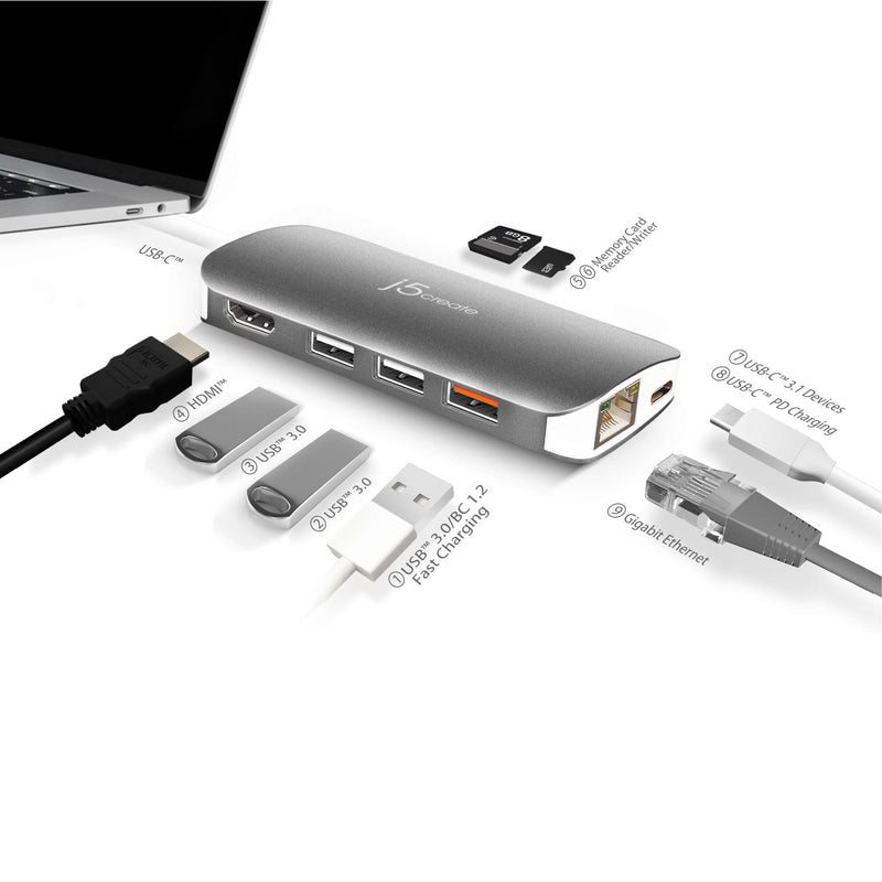 [Australia - AusPower] - j5create USB-C 9-in-1 Multi Adapter Multi Adapter HDMI/Ethernet/USB 3.1, SD and MicroSD/PD 3.0 | 4K HDMI for MacBook | ChromeBook |USB-C Devices 