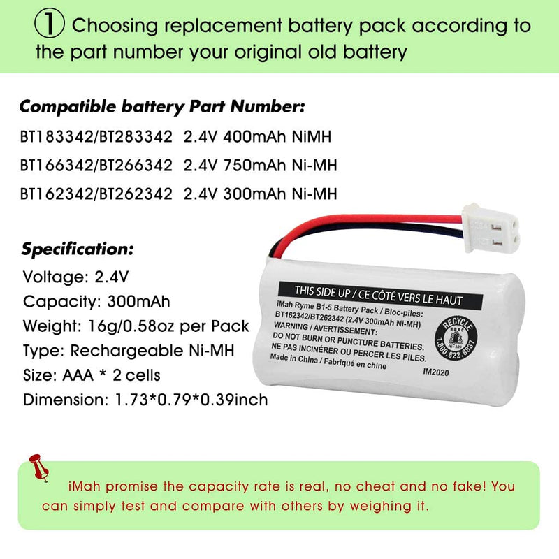 [Australia - AusPower] - iMah BT162342/BT262342 2.4V 300mAh Ni-MH Cordless Phone Battery Pack, Also Compatible with BT183342/BT283342 AT&T EL52351 TL90070 VTech CS5119 DS6511 DS6722 LS6305 Handset, 5-Pack 