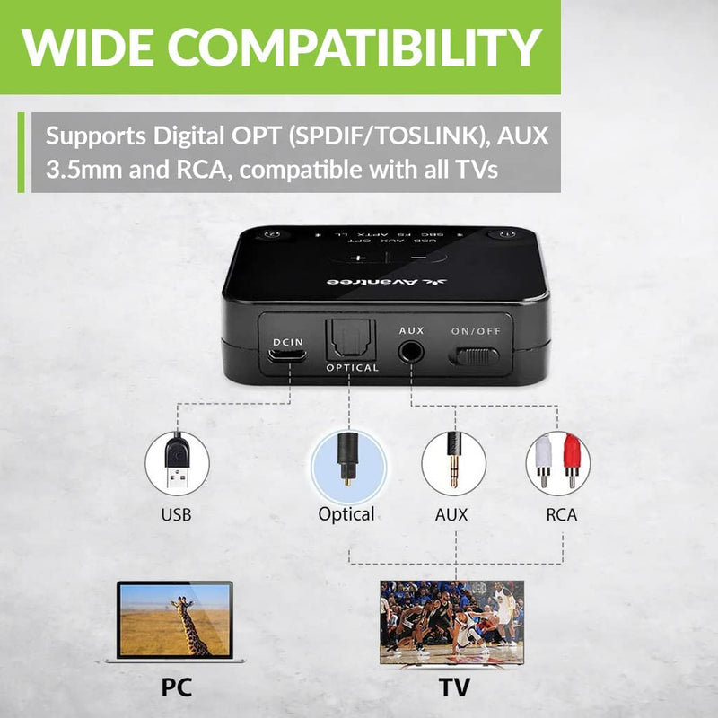 [Australia - AusPower] - Avantree Audikast Plus Bluetooth 5.0 Transmitter for TV with Volume Control, aptX Low Latency Audio Adapter for 2 Headphones (Optical, AUX, RCA, USB), Class 1 Long Range 100ft - No Receiver Mode 