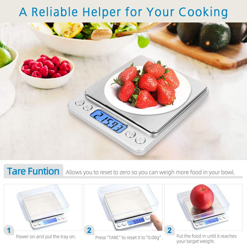 [Australia - AusPower] - Toprime Digital Gram Scale 500g 0.01g Food Scale High Precision Kitchen Scale Multifunctional Stainless Steel Pocket Scale with Back-Lit LCD Display Tare PCS Features, Silver 