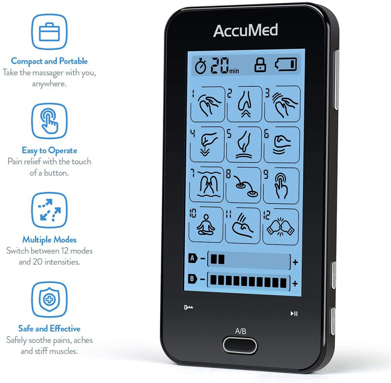 [Australia - AusPower] - AccuMed TENS Unit Muscle Stimulator & Electronic Pulse Massager with 2 Channels - 12 Modes, Pain Management Device with 20 Intensities for Back, Neck, Acupuncture, 8 Extra Pads Included (AC-AP417) 