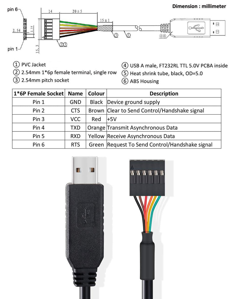 [Australia - AusPower] - DTECH FTDI USB to TTL Serial 5V Adapter Cable 6 Pin 0.1 inch Pitch Female Socket Header UART IC FT232RL Chip Windows 11 10 8 7 Linux MAC OS (6ft, Black) 6ft/1.8m 