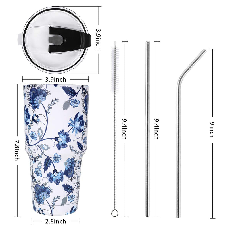 [Australia - AusPower] - SYACOT 30oz Tumbler Double Wall Stainless Steel Vacuum Insulated Travel Mug with Splash-Proof Lid Metal Straw and Brush (Blue and White Porcelain) Blue and White Porcelain 