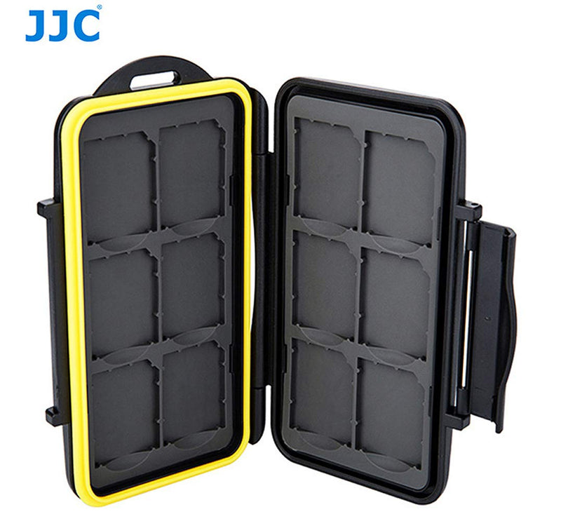 [Australia - AusPower] - JJC MC-SD12 Ruggard SD Card Case, Shockproof SD Card Case, Water-Resistant SD Card Case, Rubber Sealed Ergonomic Locking Easy Carrying Memory Card Case Fits 12 SD Cards Black 