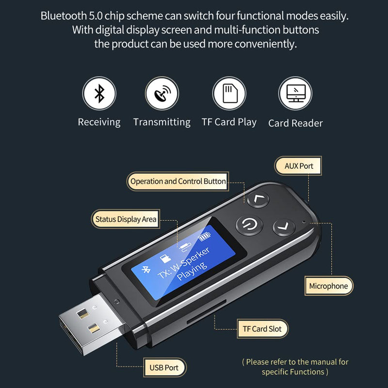 [Australia - AusPower] - Delrii Bluetooth 5.0 Receiver/Transmitter/TF Card Reader, Wireless USB Bluetooth Adapter, LCD Digital Display, 3.5mm AUX Cable, for Car Audio, Home Stereo, Smartphone, Headphone, Projector, PC, TV 