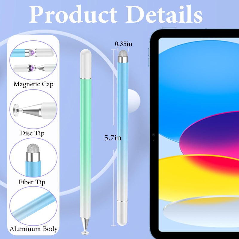 [Australia - AusPower] - Luntak Stylus Pens for Touch Screens, 2 in 1 Magnetic Disc Stylus Pen for iPad with Magnetic Cap, Tablet iPad Pencil Compatible with iPhone/iPad/Android/Microsoft/Surface All Capacitive Touch Screens Green+Blue 