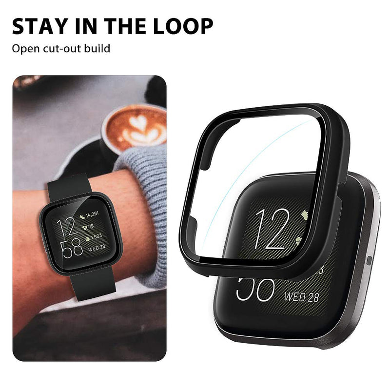 [Australia - AusPower] - 2 Pack LϟK Smartwatch Case Compatible for Fitbit Versa 2 Built-in Tempered Glass Screen Protector, All-Around Ultra-Thin Bumper Full Cover Hard PC Protective Case - Black 