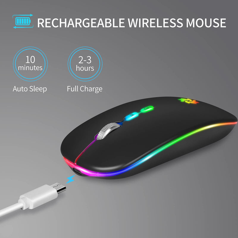 [Australia - AusPower] - LED Wireless Mouse Slim Silent Mouse 2.4G Rechargeable Wireless Computer Mouse Wireless Mouse for Laptop, MacBook, iPad, Chromebook, with USB & Type-c Receiver Black with LED Backlit 