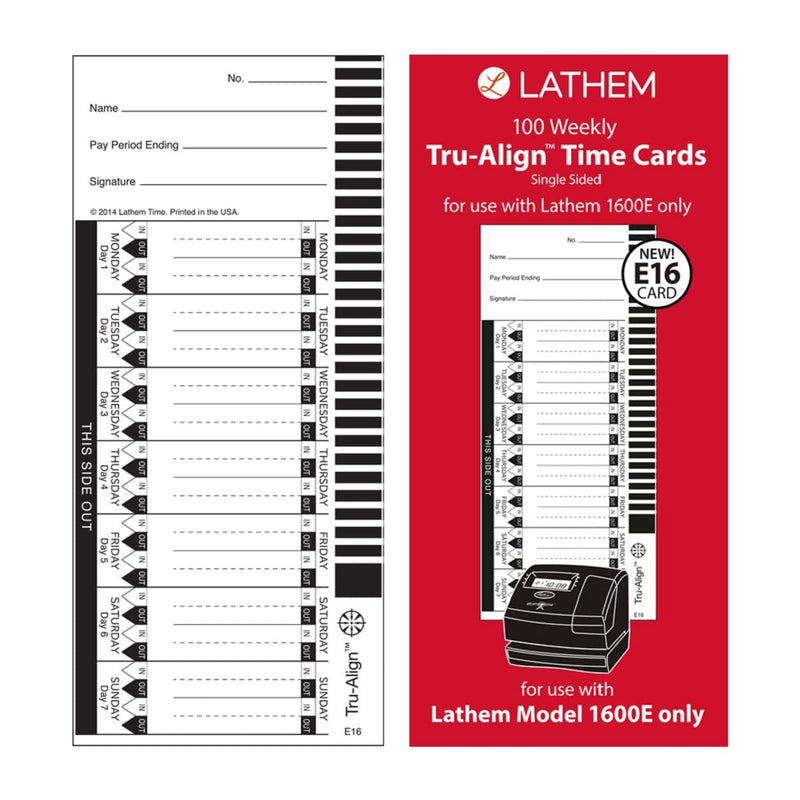 [Australia - AusPower] - Lathem TruAlign E16 Time Cards for 1600E, Weekly, 1-Sided, 4" x 9", White, Box of 100 