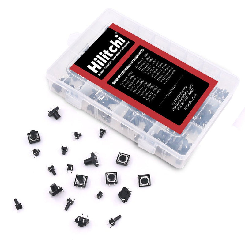 [Australia - AusPower] - Hilitchi 250-Pcs 6 x 6mm 12 x 12mm Tactile Push Button Switch Micro Momentary Tact Assortment Kit - 20 Value / 4 Pins 