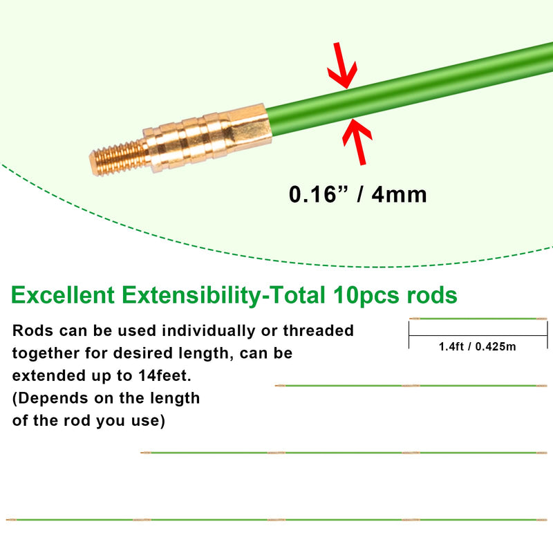 [Australia - AusPower] - 14FT Wire Fish Tool Electrical Wire Snake Fish Tape Fish Rods, Bright Green Wall Wire Fishing Tool Glow Rods Wire Pulling with 5 Different Attachments in a Carrying Case 