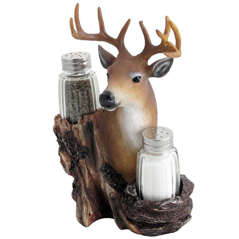 [Australia - AusPower] - Rustic Deer Glass Salt and Pepper Shaker Set with Decorative Big Buck Holder in Kitchen Spice Racks, Cabin and Hunting Lodge Decor and Gifts for Hunters 