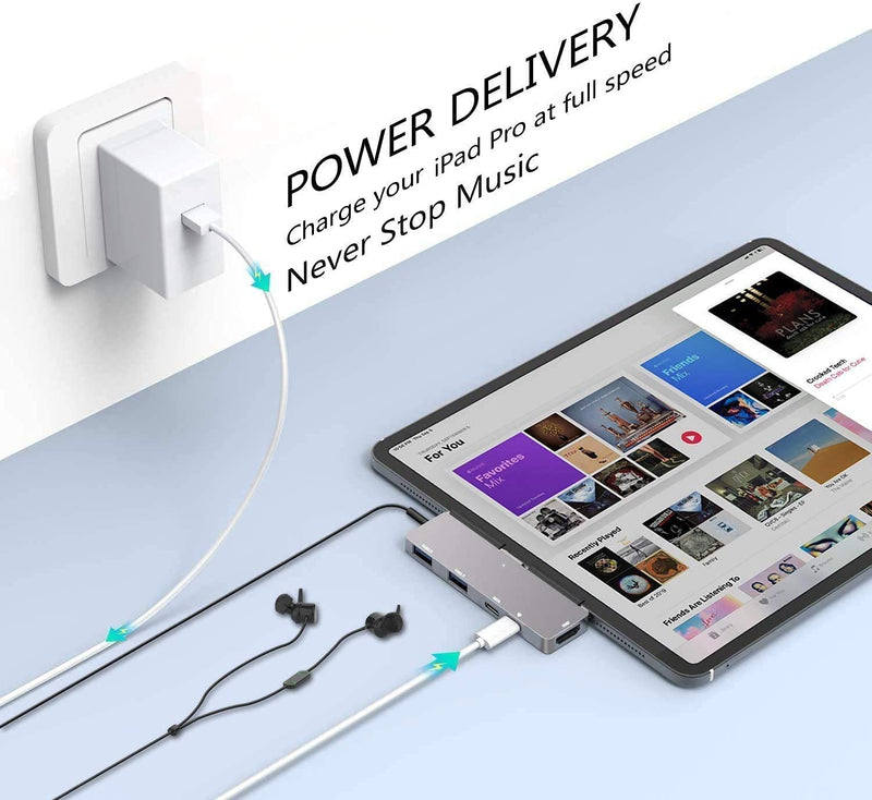 [Australia - AusPower] - USB C HUB for iPad Pro 11/12.9" 2021 2020 2018,Adapter for iPad Air 4,6 in 1 iPad Pro Hub with 4K HDMI,3.5mm Headphone Jack,2 USB3.0 Ports,USB C PD Charging&Data,USB C Earphone Jack 