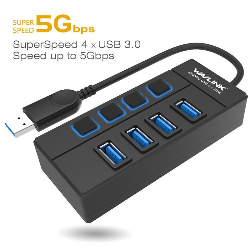 [Australia - AusPower] - 4 Port USB 3.0 Hub,Wavlink USB Hub with Individual Power Switches and LEDs Super Speed 5Gbps Data Transfer Hub for Mac Laptop Ultrabook and Tablet PC 