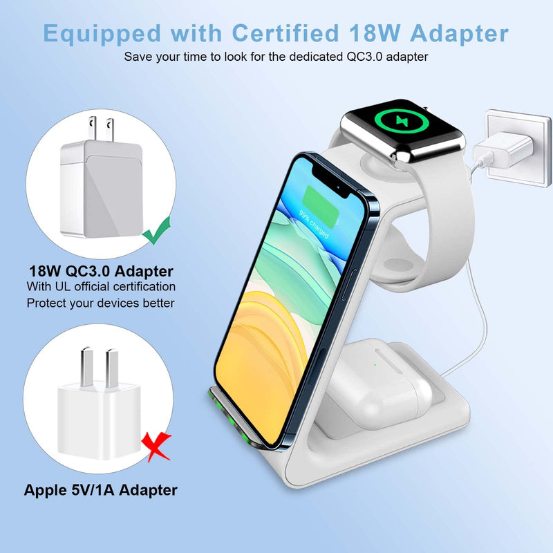 [Australia - AusPower] - Wireless Charging Stand,18W 3 in 1 Wireless Charger Dock Station for Apple iWatch 7/6/5/4/3/2/SE, Airpods 3/Pro, iPhone 13 Pro Max/13 Pro/13/12/12 PRO/11/11 Pro/X/Xr(with QC3.0 Adapter) white 