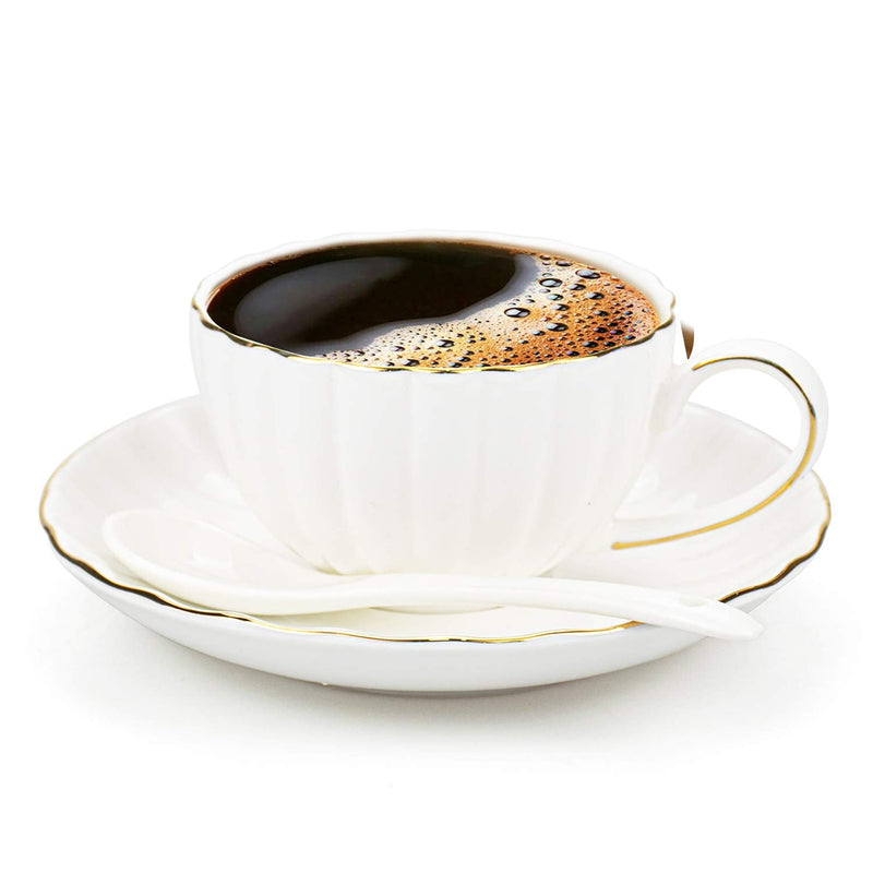 [Australia - AusPower] - Hedume Set of 6 Tea Cups and Saucers, 5oz Espresso Cups with Saucers and Spoons, Cappuccino Cups with Gold Trim British Coffee Cups for Specialty Coffee Drinks, Latte, Cafe Mocha and Tea 