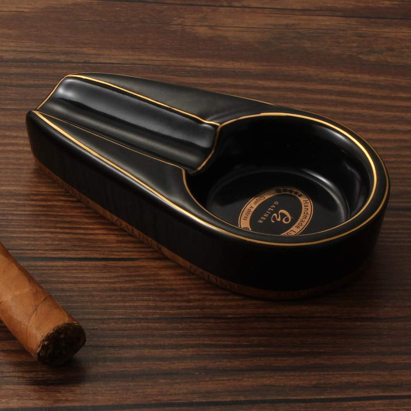 [Australia - AusPower] - Galiner Cigar Ashtray, Travel Ashtray, Outdoor Ceramic Ash Tray (Black With Golden line) Black 