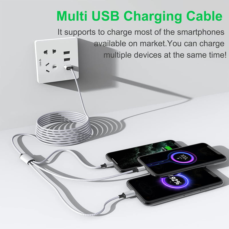 [Australia - AusPower] - Multi 3 in 1 USB Long iPhone Charging Cable, 3M/10Ft Nylon Braided Universal Phone Charger Cord USB C/Micro USB/Lightning Connector Adapter for Android/Apple/Samsung/LG/Pixel/Huawei/XiaoMi(Gray) 3M Gray 