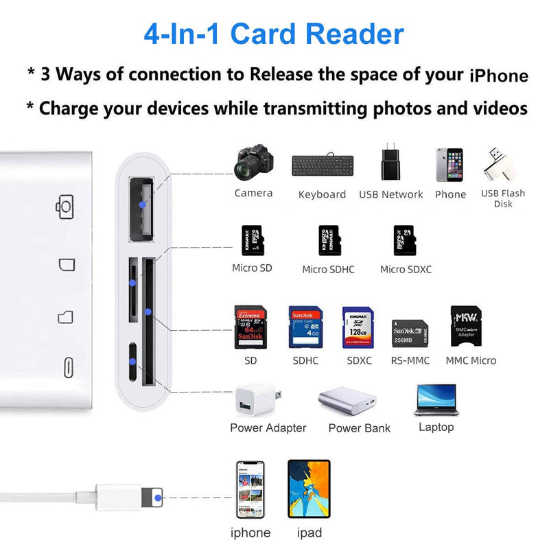 [Australia - AusPower] - Real-EL SD Card Reader for iPhone 4 in 1 SD Card Adapter Micro SD Card Reader for iPad Trail Camera Viewer Portable Memory Card Reader Plug and Play 