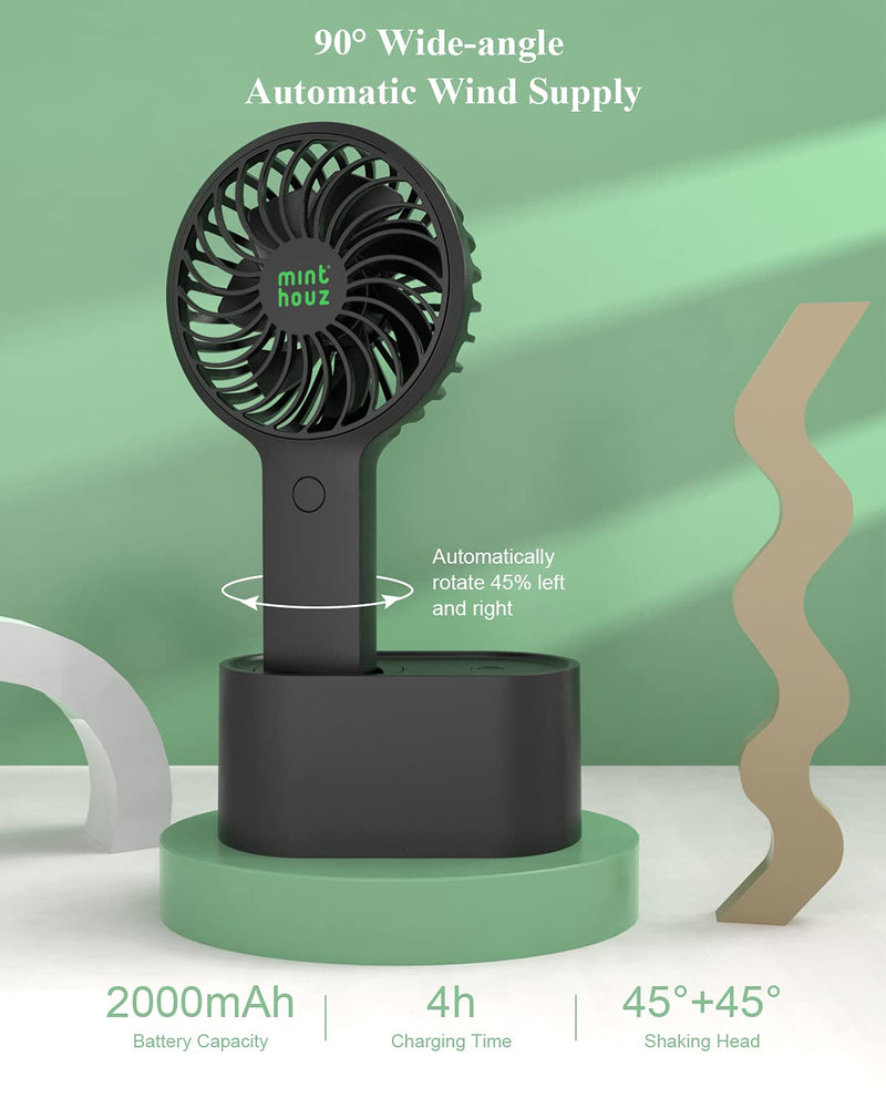 [Australia - AusPower] - Minthouz Handheld Fan, 90° Automatic Head Shaking Personal Fan with Rotating Base, 3 Speed Adjustable Portable Fan Rechargeable Desk Fan with 2000mAh Built-in Battery, Mini Fan for Office/Home/Outdoor Black 