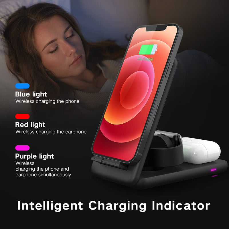 [Australia - AusPower] - Foldable Wireless Charger, 18W 3 in 1 Fast Wireless Charging Station, Suitable for iPhone 13/12/11 Series/XR/X/Xs/8 Plus, Charging Stand/Stand for iWatch SE/AirPods 2/Pro (Black) 