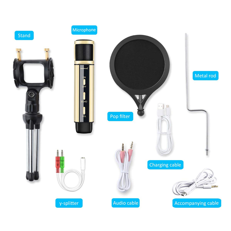 [Australia - AusPower] - Studio Recording Microphone, ZealSound Condenser Broadcast Microphone w/Stand Built-in Sound Card Echo Recording Karaoke Singing for Phone Computer PC Garageband Smule Live Stream & YouTube (Gold) Gold 