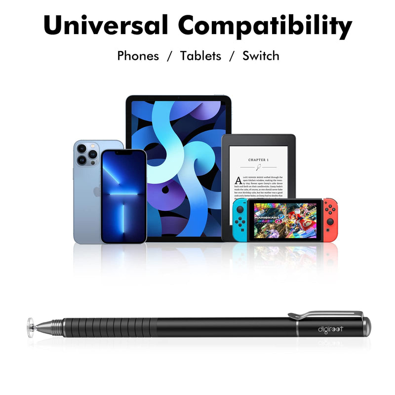 [Australia - AusPower] - digiroot Universal Stylus,[2-in-1] Disc Stylus Pen Touch Screen Pens for All Touch Screens Cell phones, iPad, Tablets, Laptops with 9 Replacement Tips(6 Discs, 3 Fiber Tips Included) - (Black) Black 