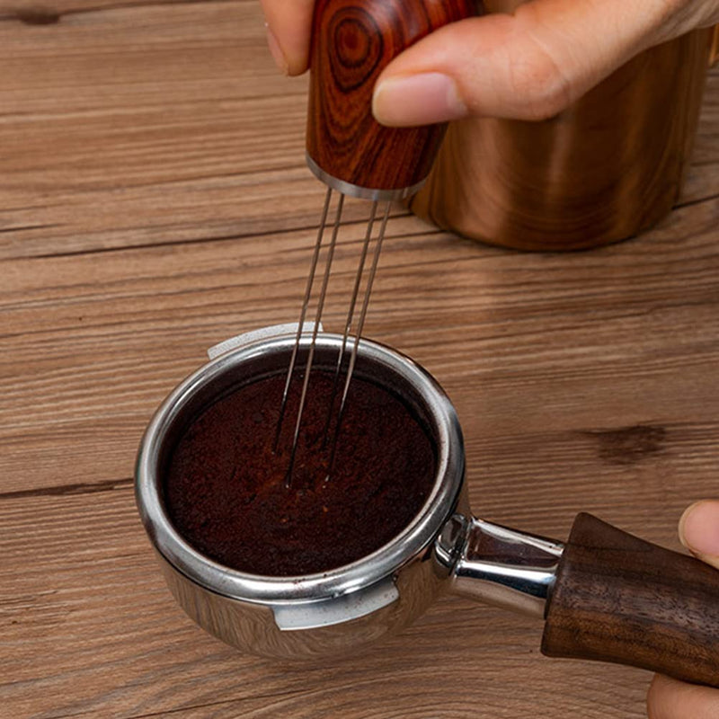 [Australia - AusPower] - Espresso Coffee Stirrer Hand Distribution Tool Wood Handle Stainless Steel 4 Needles Coffee Distributor Powder Stirring Tool Base Stand Stoarge Bag Included (Red Sandalwood) Red Sandalwood 