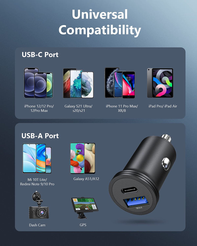 [Australia - AusPower] - USB C Car Charger, 38W Fast Car Charger Adapter with 20W PD & 18W QC3.0 Dual Port Cigarette Lighter USB Charger, Compatible with iPhone 13/12/12 Pro/11/11 Pro/XS/XR/8, Galaxy, Pixel, Tablet Y-Black 