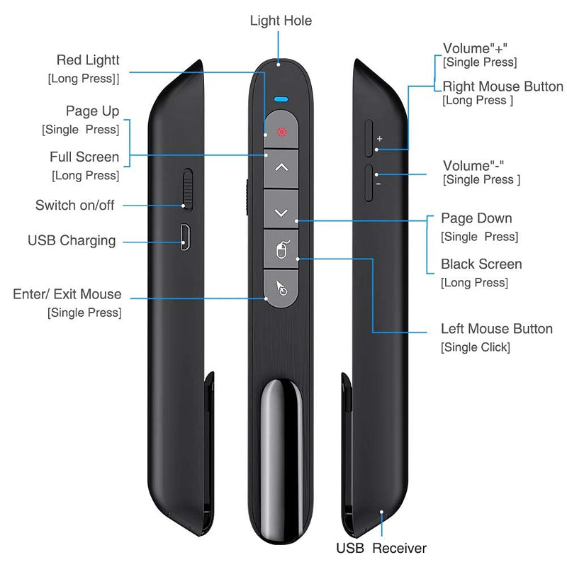 [Australia - AusPower] - DinoFire Wireless Presenter Remote with Air Mouse, RF 2.4GZ USB Rechargeable Presentation Clicker and Pointer Powerpoint PPT Slide Clicker for Laptop/Computer/MAC RE&GR&MO 