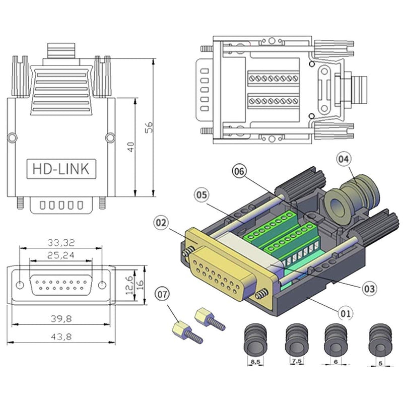 [Australia - AusPower] - Jienk DB15 Solderless Female RS232 D-SUB Serial Adapters, 16mm thinner 15 Pin Port Terminal Solderfree Breakout Board Connector with Case Accessories 