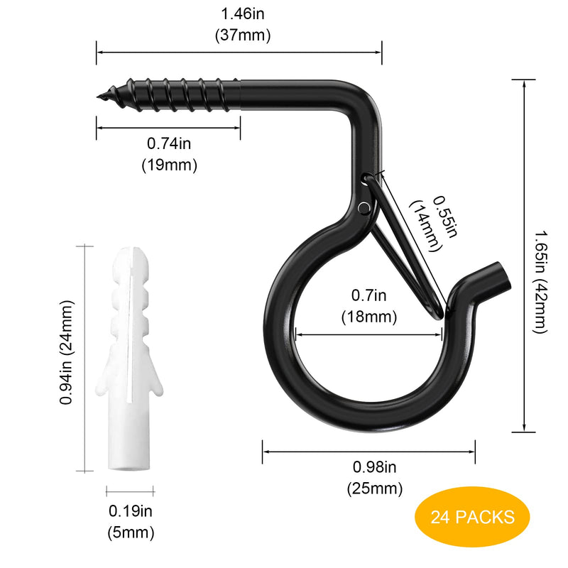 [Australia - AusPower] - 24 Pack 2.2 inches Ceiling Hooks with Safety Buckle, Screw Hooks for Hanging Plants & String Lights, Q-Hanger Hooks Screw-in Wall Hooks for Christmas Decoration Hanging Outdoor and Indoor Black Bend 