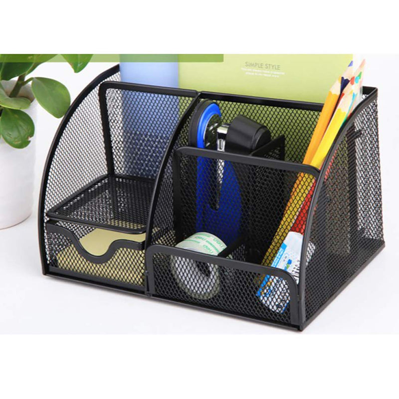 [Australia - AusPower] - VANRA Office Supply Caddy Mesh Desk Organizer School Supply Holder 6 Compartments with Drawer (Black) 