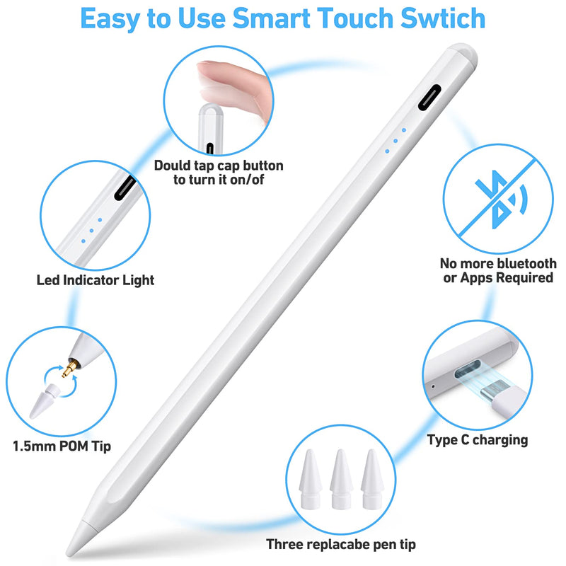[Australia - AusPower] - Stylus Pen for ipad, Active Pencil with Quick Charge, Palm Rejection Tilt Sensor, Magnetic Apple Pen Compatible with 2018-2022 iPad Pro 11"/12.9",iPad 10/9/8/7/6,iPad Mini 5/6,iPad Air3/4/5 A-30 mins Charge-White 