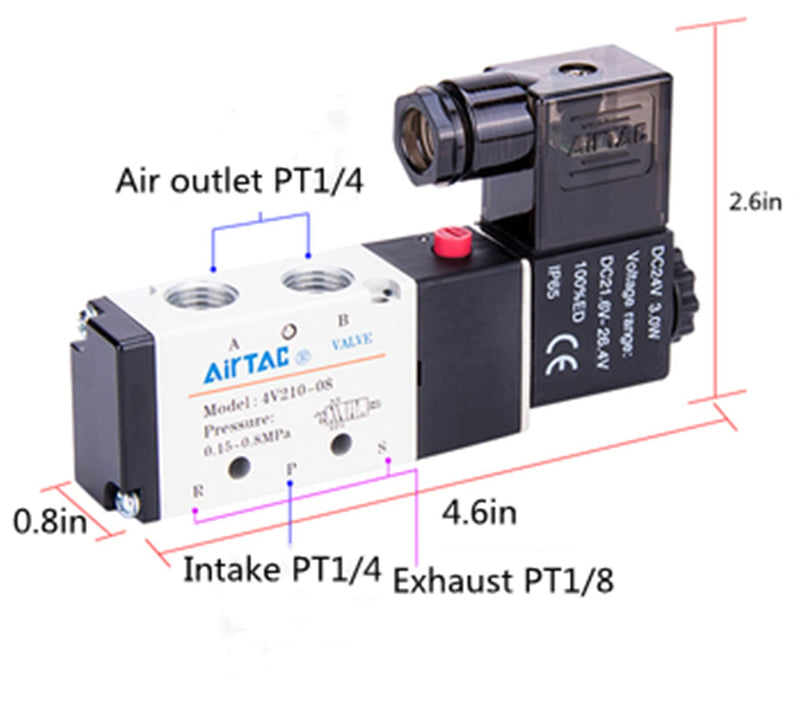 [Australia - AusPower] - Solenoid Valve 1/4"PT Pneumatic AirTAC 4V210-08 Air 12V/24V/110V/220V Single Coil Pilot-Operated Electric 2 Position 5 Way Connection Type (4V210 PT1/4, AC220V) 4V210 PT1/4 