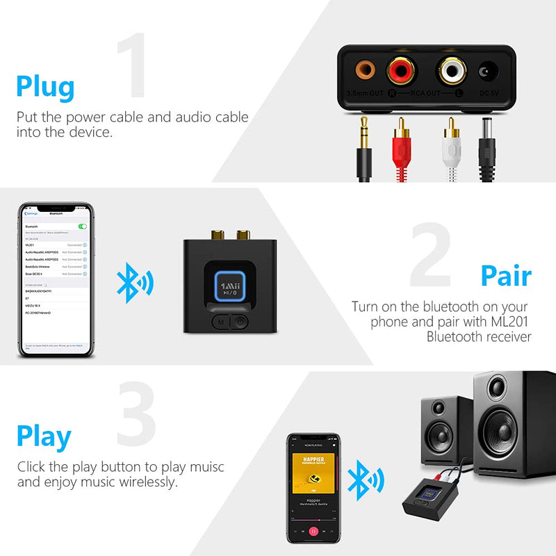 [Australia - AusPower] - [Upgraded] 1Mii Bluetooth 5.1 Receiver for Home Stereo System, Bluetooth Adapter for Wired Speaker/Headphone, Wireless Audio Adapter 12hrs Playtime Bass Mode (Receiver Only) Black 