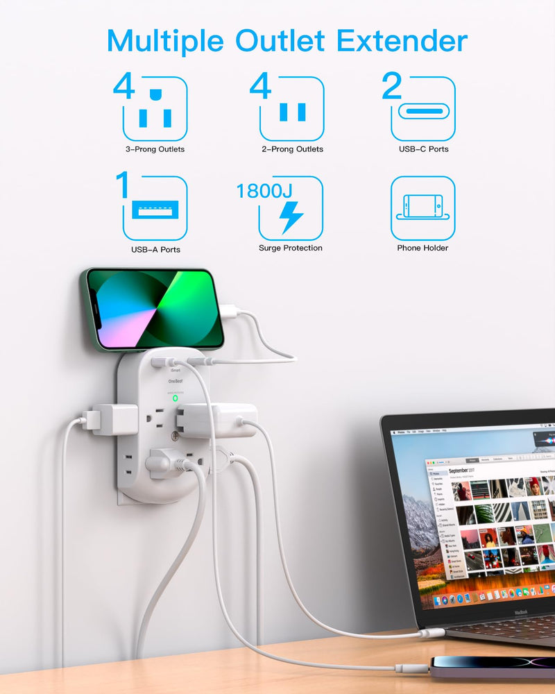 [Australia - AusPower] - Surge Protector Outlet Extender, 8 Multi Plug Outlet with 3 USB Wall Charger (2 USB C Port), 3 Sided Multi Plug Wall Outlet Splitter, Multiple Plug Adapter for Home Office Dorm Room 8AC 