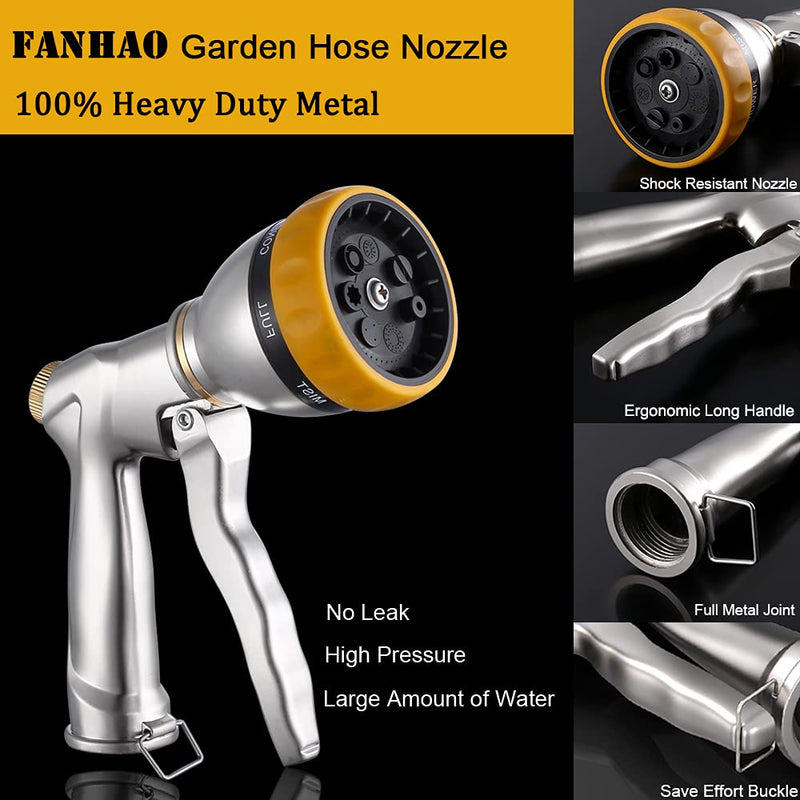 [Australia - AusPower] - FANHAO Garden Hose Nozzle Heavy Duty, 100% Metal Spray Nozzle High Pressure Water Hose Nozzle with 7 Patterns for Watering Garden, Washing Cars and Showering Pets Silver 