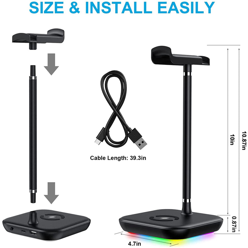 [Australia - AusPower] - RGB Headphone Stand with USB Charger HORUMP Desk Gaming Headset Holder Hanger Rack with 2 USB Charging Ports, Suitable for Gamer Desktop Table Game, Earphone Accessories, DJ, Boyfriend Gift 