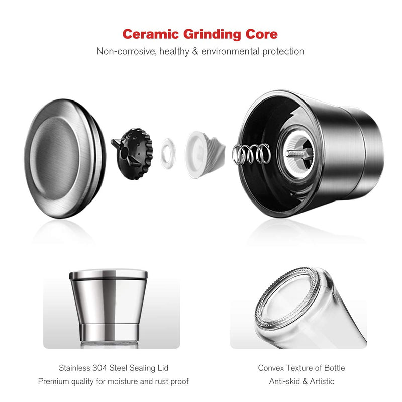 [Australia - AusPower] - bonris Salt and Pepper Grinder Set of 2 Stainless Steel Manual Spice Salt & Pepper Grinder Set With Adjustable 5 Grade Coarseness Ceramic Rotor Mill Grinders Shakers Gift Set with Silicone Funnel Tall 
