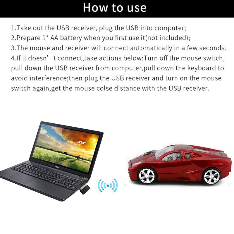 [Australia - AusPower] - jinfili 2.4GHz Sports Car Wireless Mouse Optical Cool 1600DPI 3D USB Wireless Gaming Mice for Pc Laptop Windows 10 Red 