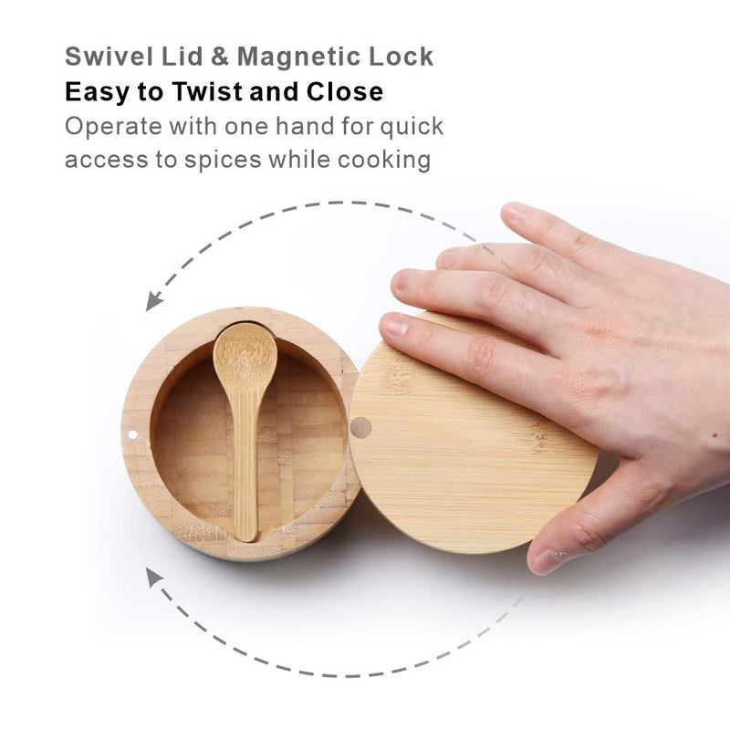 [Australia - AusPower] - KITCHENDAO Bamboo Salt Cellar with Built-in Spoon to avoid Dust, Elegant Salt box Bowl, Container Holder with Swivel Magnetic Lid Mother's Day Gift for Mom Grandma, 6oz 