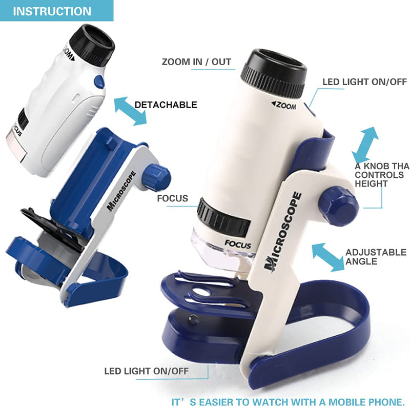 [Australia - AusPower] - Pocket Microscope, Mini Portable Handheld Micro with Removable Base,Preschool Learning Science STEM Kit & Toy, Phone Holder,Scientific Microscope for Adult & Kid, 60x-120x 