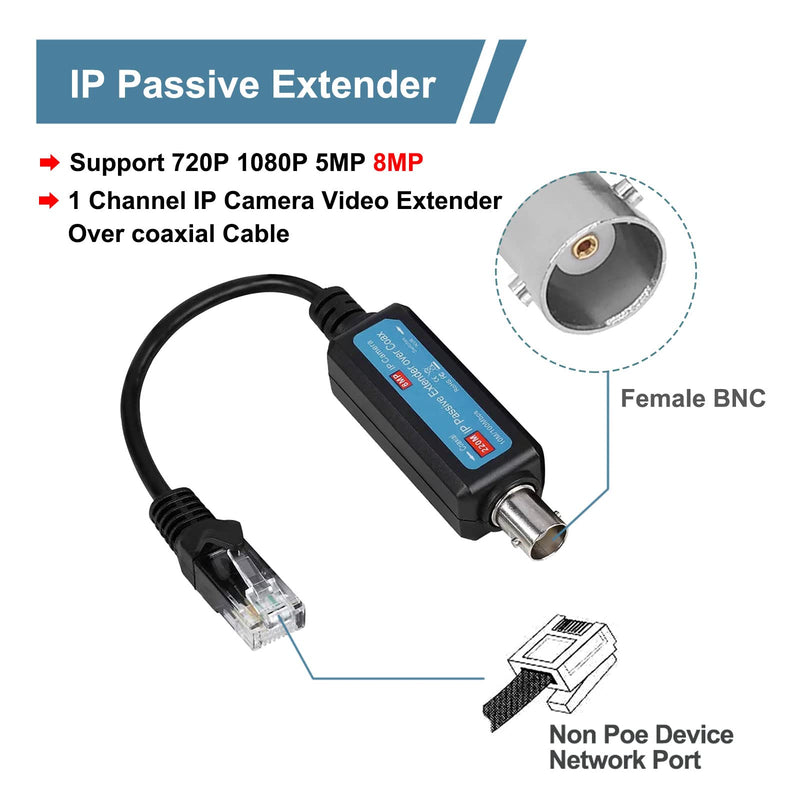 [Australia - AusPower] - 8MP IP Passive Extender Ethernet Over Coax 1-CH, IP Network to Coaxial Transmitter IP Network, Converter Fit CCTV Camera UTP RG59/ RJ45 4-Wired BNC Video Balun, Only Fit POE Camera System 